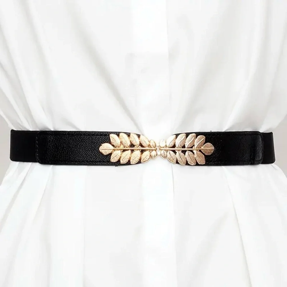 Black Elegant Gold Leaf‎ Buckle Elastic Casual Belt Adjustable One-Size